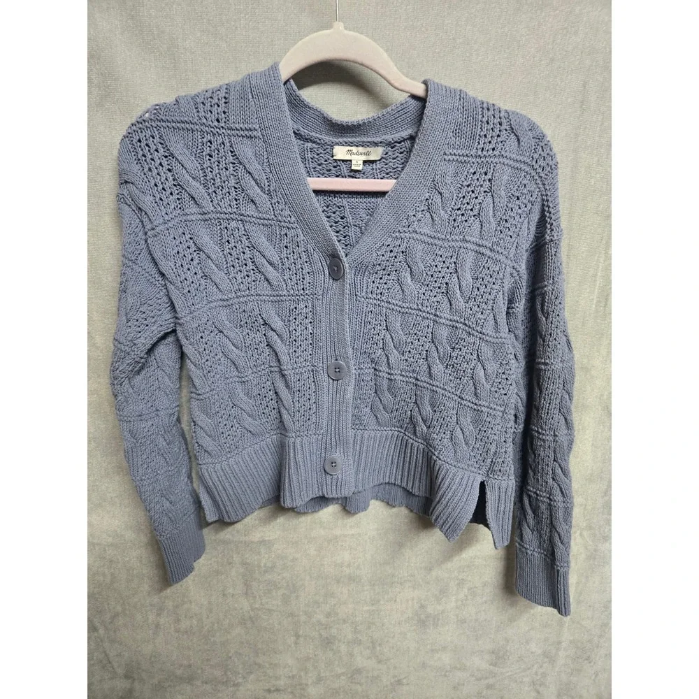 Madewell Blue Cable Knit Cropped Cardigan Sweater Cotton V-Neck CKF483106323 S